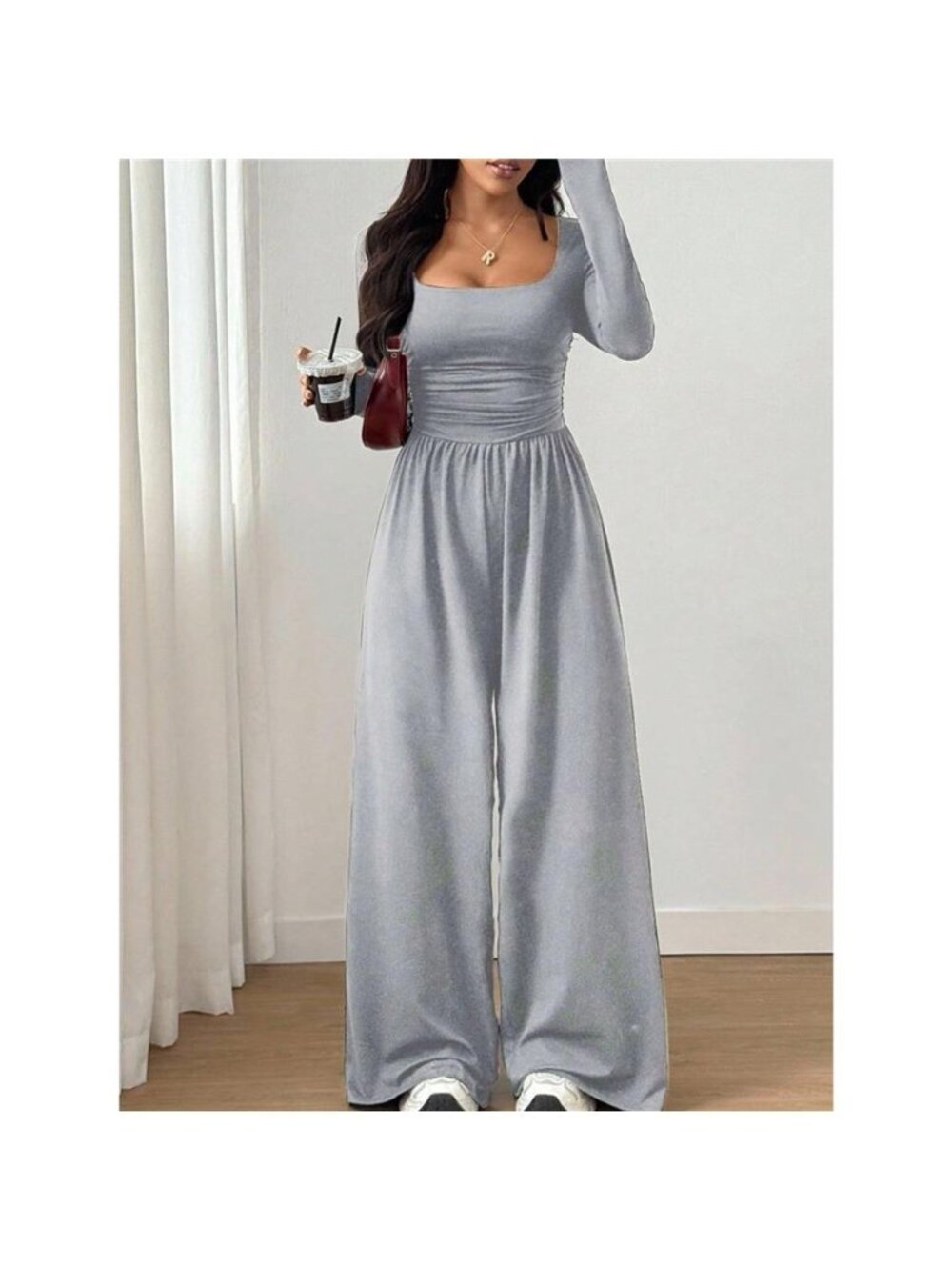 Ruched Square Neck Wide-Leg Jumpsuit